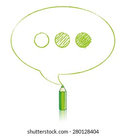 Green Pencil with Reflection Drawing Oval Speech Bubble containing Shaded Ellipsis on White Background