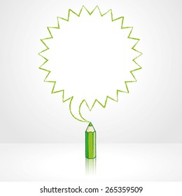 Green Pencil with Reflection Drawing Pointed Starburst Speech Bubble Grey Background