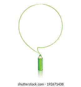 Green Pencil with Reflection Drawing Round Speech Bubble on White Background