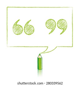 Green Pencil with Reflection Drawing Shaded Quotation Marks in Rectangular Speech Bubble on White Background