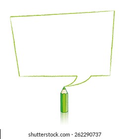 Green Pencil with Reflection Drawing Skewed Rectangular Shaped Speech Bubble on White Background