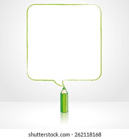 Green Pencil with Reflection Drawing Smooth Square Shaped Speech Bubble on Pale Background