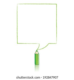 Green Pencil with Reflection Drawing Square Speech Bubble on White Background