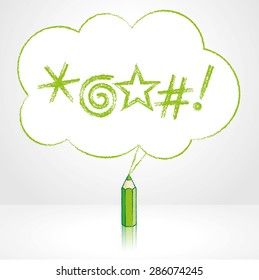 Green Pencil with Reflection Drawing Swearing Icons in Fluffy Cloud Shaped Speech Bubble on Grey Background