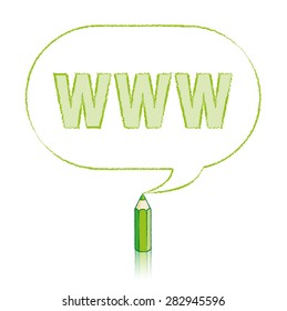 Green Pencil with Reflection Drawing World Wide Web Acronym in Rounded Oblong Speech Bubble on White Background
