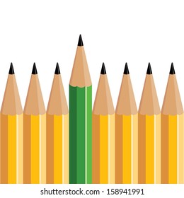 green pencil stands out of several yellow pencils