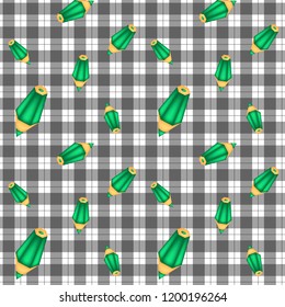 Green pencils in different sizes seamless pattern on gray striped background