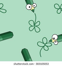 Green pencils drawing four leaf clover vector background