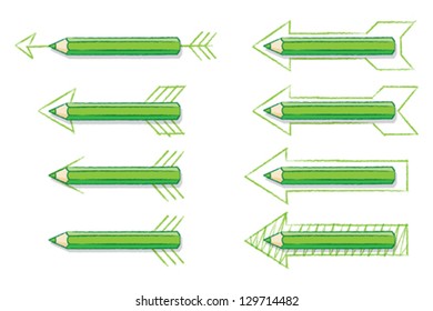 Green Pencils Overlaying Various Drawn Arrows on White Background - Vector