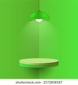 Green pendant lamp illuminating a round floating shelf. Minimalistic interior design with soft shadows and warm light, cozy atmosphere, mockup design with spotlight effect