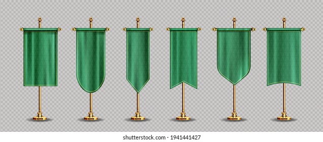 Green pennant flags mockup, blank vertical banners