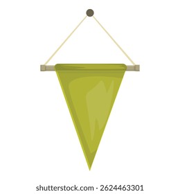 Green pennant hanging on a wooden stick is developing in the wind, isolated on white background