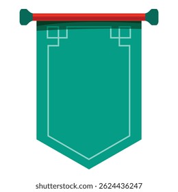 Green pennant hanging from a red wooden pole, with simple geometric decoration, isolated on white background