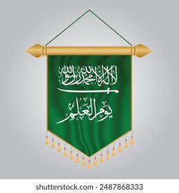 banderín verde colgando Día de la Bandera Saudita, 11 de marzo, Texto Vector de caligrafía árabe islámica