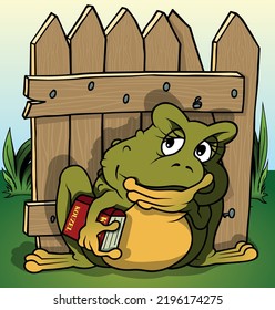 Rana verde pensiva con libro bajo su brazo - Ilustración de dibujos en color con fondo, vector