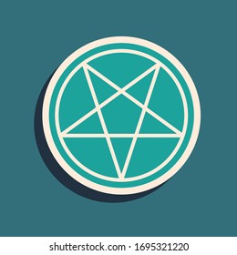 Green Pentagram in a circle icon isolated on green background. Magic occult star symbol. Long shadow style. Vector Illustration