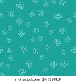 Green Pentagram in a circle icon isolated seamless pattern on green background. Magic occult star symbol.  Vector Illustration