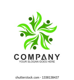 Green people in circle shape logo design template for social relationship, healthy  family, human community care.