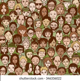 Green people - hand drawn pattern of a diverse group of people in green, for topics related to the environment and sustainability