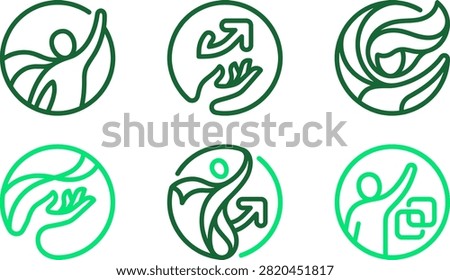 Green people icons in circles signify teamwork support growth and connection. Abstract figures with arrows and hands represent assistance progress and collaboration. Modern people symbols.