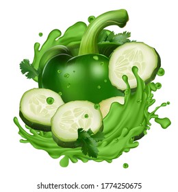 Green pepper and cucumber slices in splashes of vegetable juice
