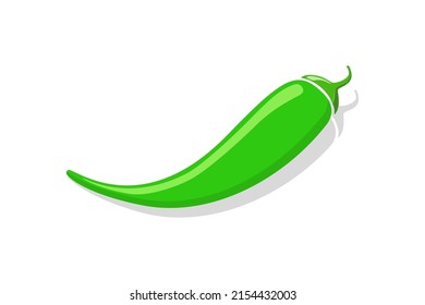 Green pepper. Green mild chili. Cayenne paprika. Pepper icon with shadow isolated on white background. Mild hot spicy chili. Illustration of vegetable. Food logo. Vector.