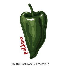 Green pepper with Poblano text, cartoon spice label. Fresh chili pepper of mild flavor on stem for cooking vegetarian dishes and cartoon typography badge of healthy vegetable vector illustration