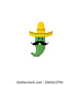 Green pepper in sombrero. Pixel art. Old school computer graphic style. Decorative element design for logo, sticker, web, mobile app. Game assets 8-bit sprite.