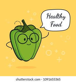 Green pepper with speech bubble. Balloon sticker. Cool vegetable. Vector illustration. Green pepper clever nerd character. Healthy food concept. Smart vegan diet poster