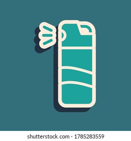 Green Pepper spray icon isolated on green background. OC gas. Capsicum self defense aerosol. Long shadow style. Vector