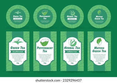 Green peppermint herbal matcha tea circle rectangle labels package stickers engraved design template set vector illustration. Aroma beverage hot dry product breakfast drink tag with leaves decor