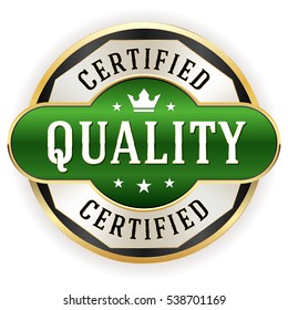 Green percent certified quality badge / button with gold border