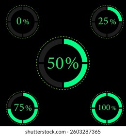 Green percentage illustration. Download the circle from zero to one hundred professionally on a black background.