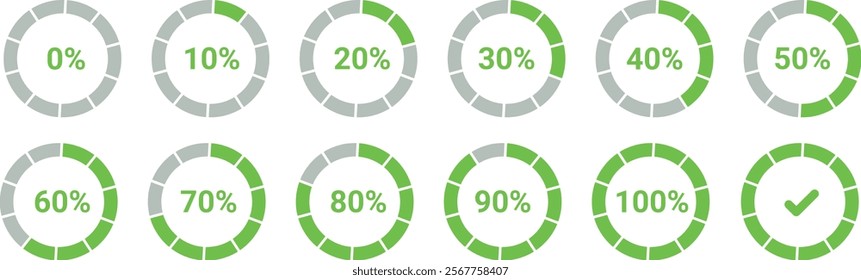 Green percentage infographics set with circle progress diagrams displaying 0 to 100 percent in 10 percent increments. Ideal for data visualization.