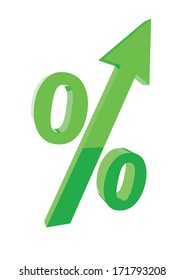 Green percentage symbol with an arrow up. 