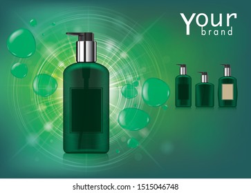 Green perfume bottles with bubbles on background green. illustration vector