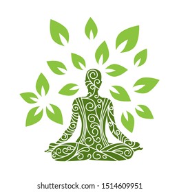 Green Person Yoga Pose Tree Leaves Stock Vector (Royalty Free ...