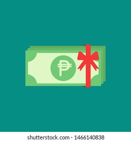 Green peso bank notes pack with red ribbon isolated on blue. Money prize, gift or award flat icon. Salary, cash, currency, bank paper vector illustration. Win in a lottery, bonus concept