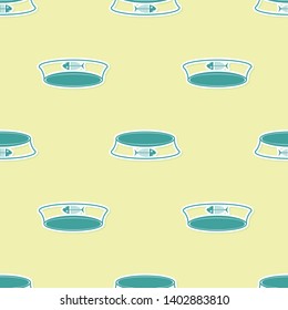 Green Pet food bowl for cat or dog icon isolated seamless pattern on yellow background. Fish skeleton sign. Vector Illustration