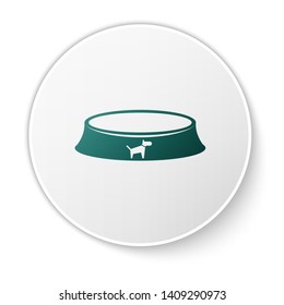 Green Pet food bowl for cat or dog icon isolated on white background. White circle button. Vector Illustration