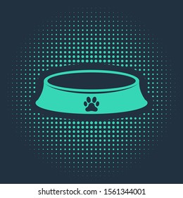Green Pet food bowl for cat or dog icon isolated on blue background. Dog or cat paw print. Abstract circle random dots. Vector Illustration
