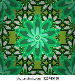 Green petal flowers. Green background. Row. Vector illustration.
