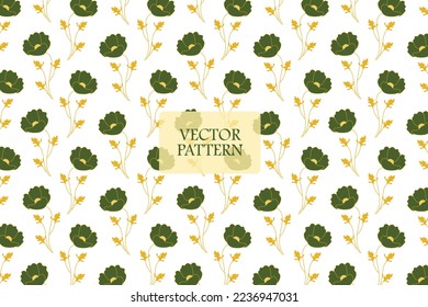 Green petal poppy flower golden leaf abstract vector seamless repeat pattern