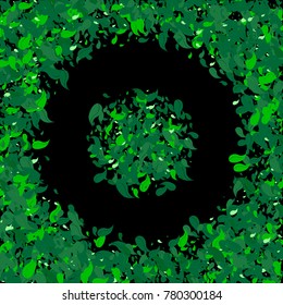 Green petals on a black background. Watercolor. Green leaves. Pattern. Floral. Nature. Greenery. Spring. Frame of foliage. Vector illustration. Placer of leaves. Confetti made from leaves.