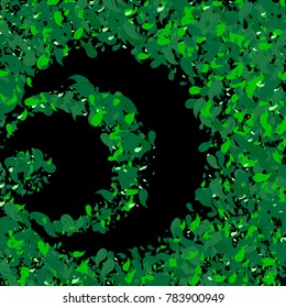 Green petals on a black background. Watercolor. Green leaves. Pattern. Floral. Nature. Greenery. Spring. Frame of foliage. Vector illustration. Placer of leaves. Confetti made from leaves.