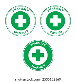 Green pharmacy labels with the draw of a cross on a white background