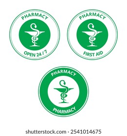 Green pharmacy labels with the draw of a snake and a cup on a white background