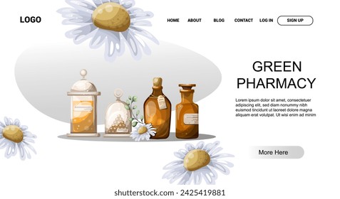 
Green pharmacy website page. Hand drawing. Vector graphics. Web page template for a site.