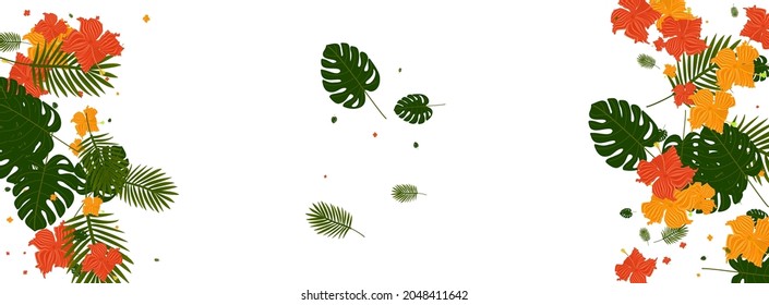 Green Philodendron Background White Vector. Leaf Hawaiian Design. Pink Palm. Paradise Pattern. Orange Isolated Backdrop.
