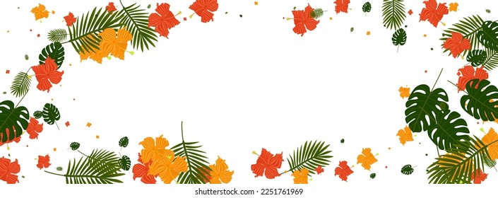 Green Philodendron Background White Vector. Leaves Branch Card. Orange Plant. Aloha Pattern. Pink Beauty Illustration.